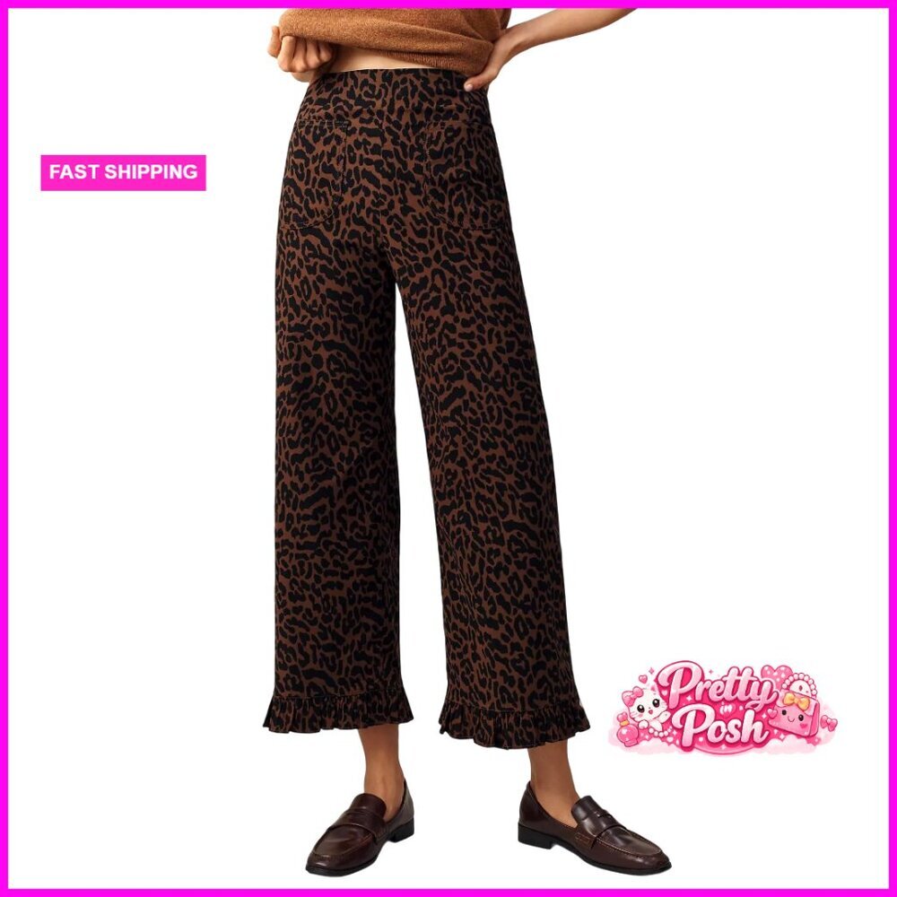 Polyester Blend Plaid Flare Pants Elastic Waist Ruffle Cropped Hem